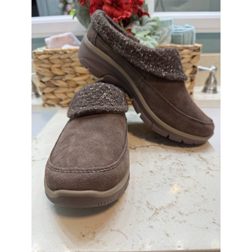 Skechers Air Cooled Memory Foam 9.5 Brown Womens Leather sock knit trim Slip Ons